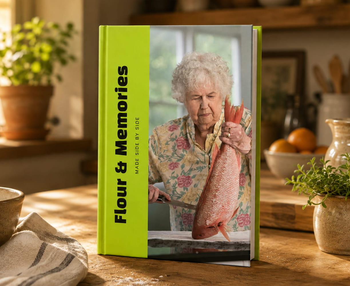 'Flour & Memories' cookbook standing on a sunlit kitchen table