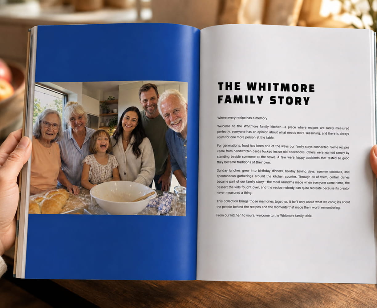 Open cookbook showing a family photo and the family story page