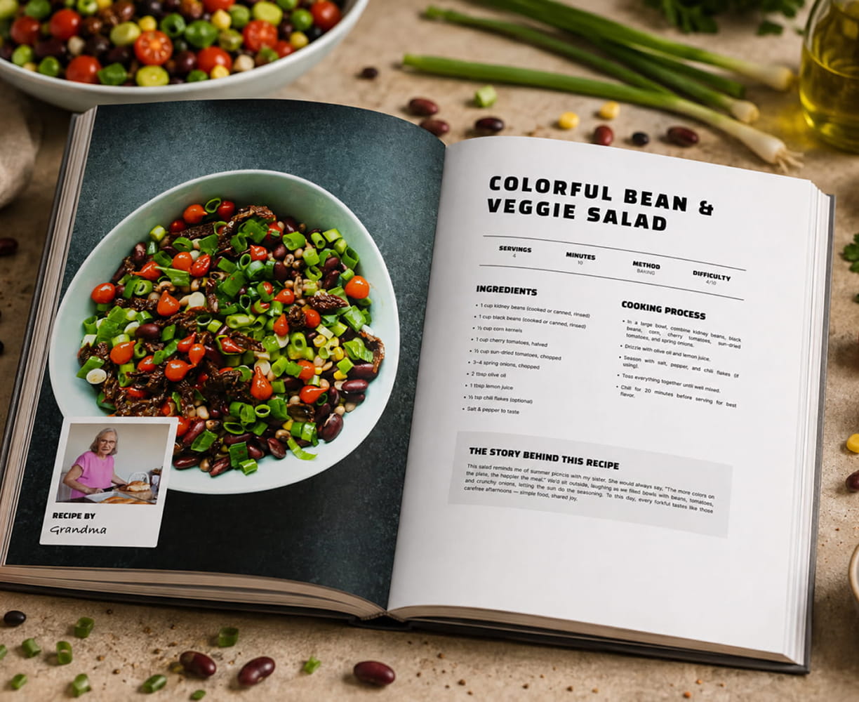 Open cookbook showing a colorful bean and veggie salad recipe spread