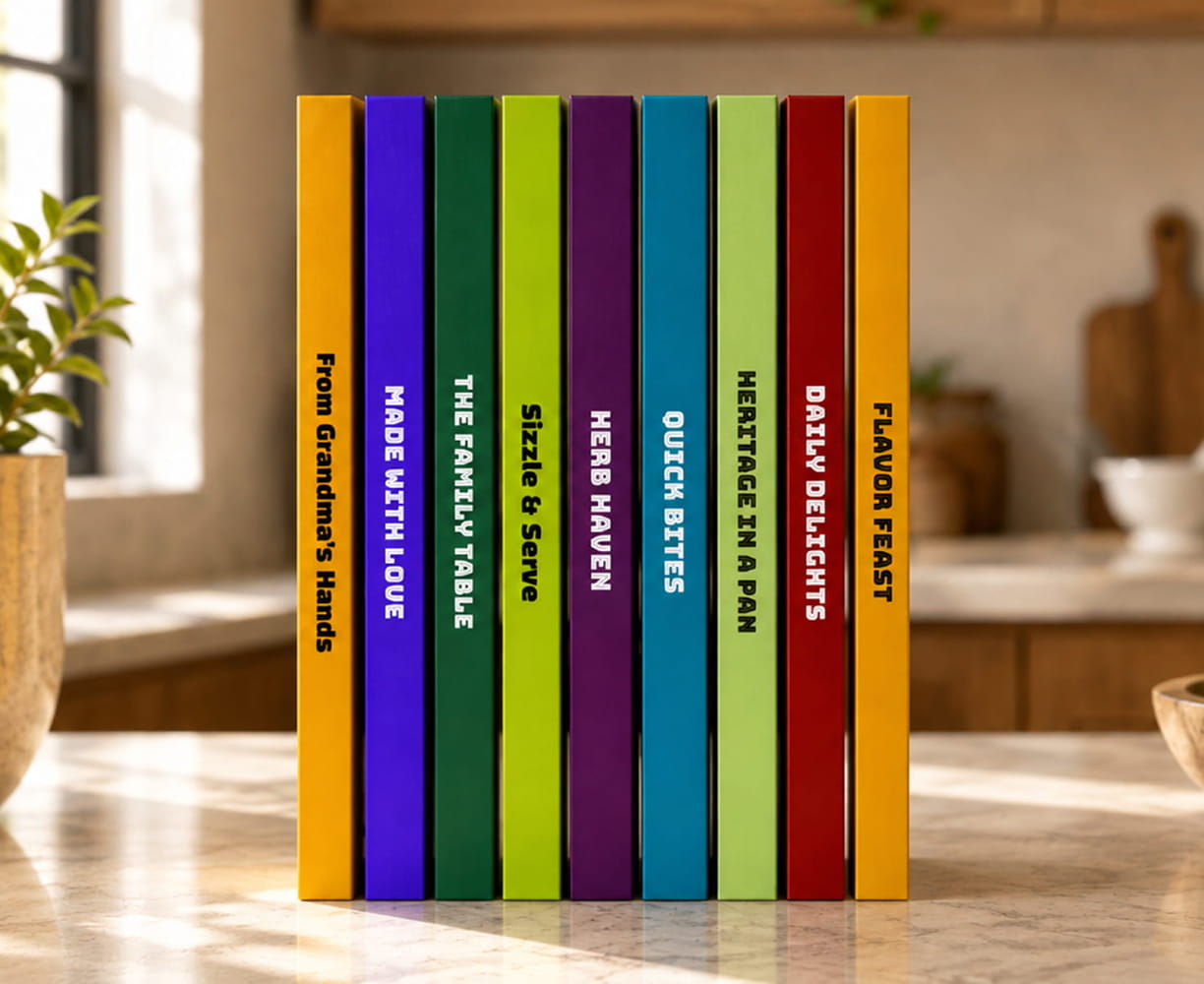 Row of colorful custom cookbook spines standing on a kitchen counter