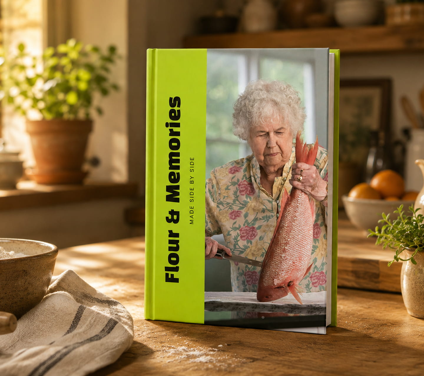 A printed TableTales cookbook titled Flour & Memories standing on a sunlit kitchen table
