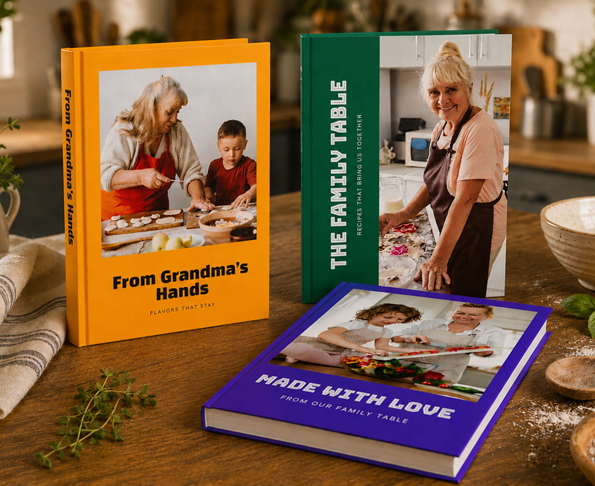 Three custom cookbooks in orange, green and purple on a wooden table